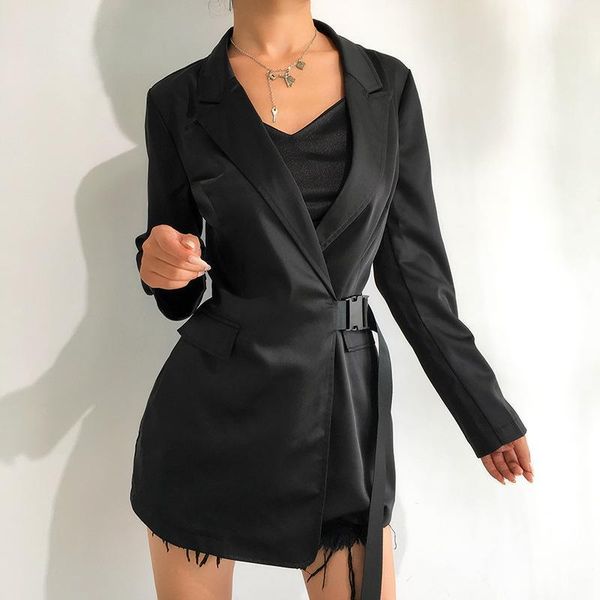 

fashion lady office elegant blazer women notched solid basic bag buckle black long blazer1, White;black