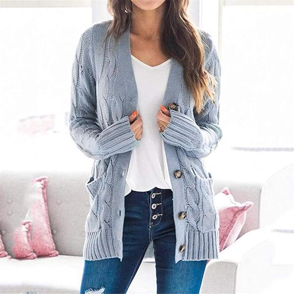 

fashion womens v-neck solid colors long sleeve casual open front button knitted cardigan sweaters coat pockets outwear#g3, White