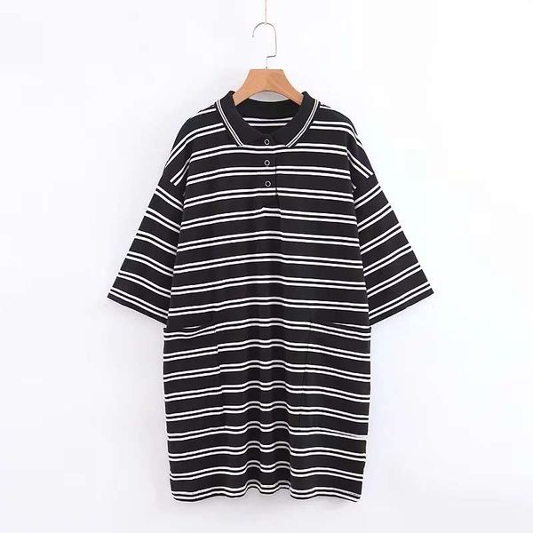 

style spring / summer new women's large loose lapel short sleeve striped dress, Black;gray