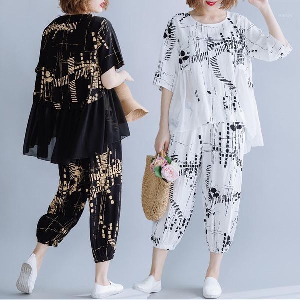 

#0842 spliced chiffon asymmetrical and blouse oversize loose two piece set and pants black white printed outfits summer1, Gray