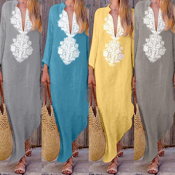 

women printed maxi dress long sleeve casual brief daily boho long dress linen daily vneck holiday elegant dresses robe longue 5s, Black;gray