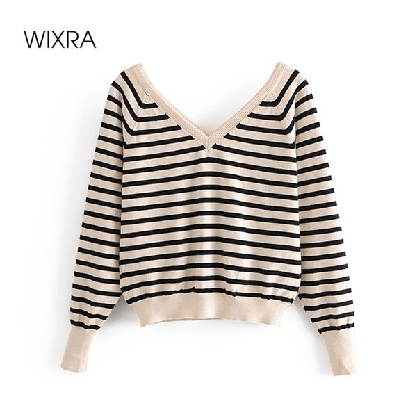 

wixra ladies knitted sweater womens striped pullovers autumn winter v neck patchwork jumper soft new knitwear 201221, White;black