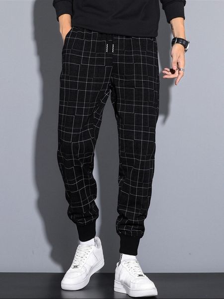 

men plaid drawstring waist pants v4or#, Black