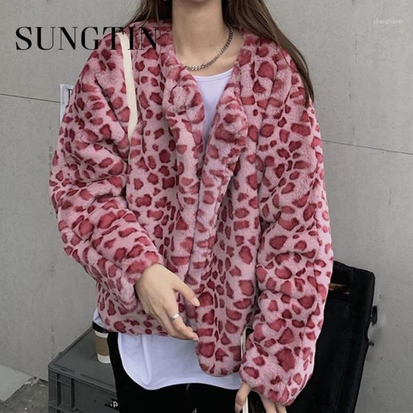 

sungtin leopard faux fur coat women oversize streetwear artificial lamb velvet jacket female loose warm winter chic1, Black