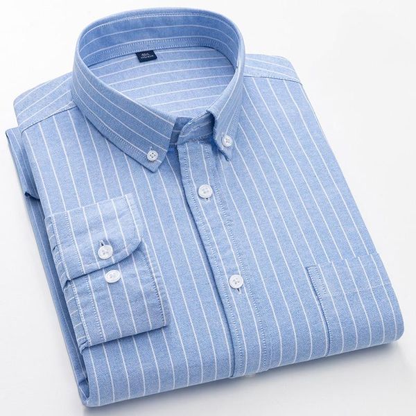 

men's fashion striped oxford cotton shirt single patch pocket regular-fit button-down long sleeve thick casual checkered shirts, White;black