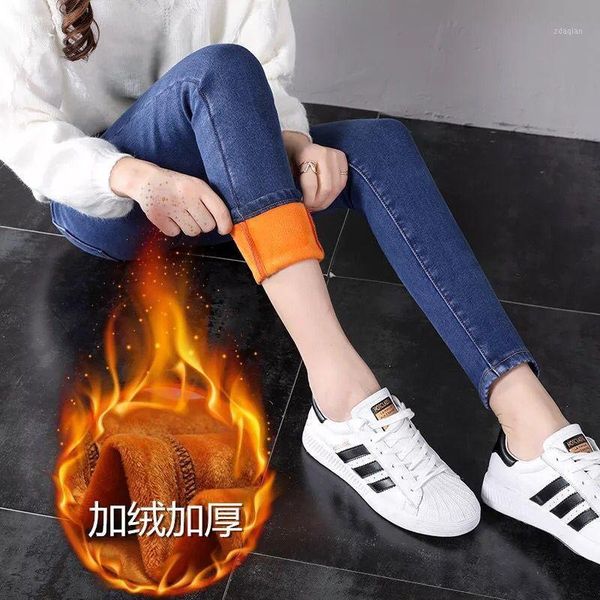 

women's jeans 2021 band winter for women elastic female soft thickened velvet black warm snow denim pencil pants trousers1, Blue