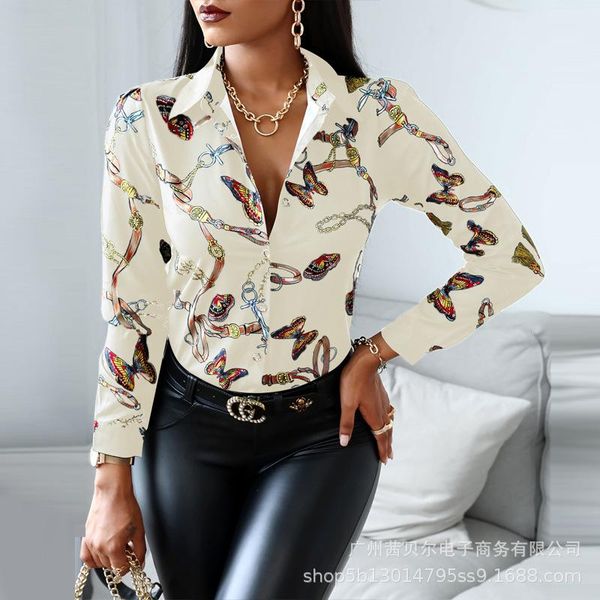 

women's blouses & shirts butterfly scarf print casual shirt women turn down collar long sleeve blouse streetwear, White