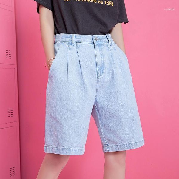 

women summer new fashion high waist short denim pants female loose slim wild wide leg pants casual a-line jeans for grils xa55f11, Blue