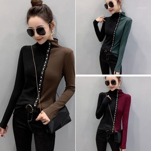 

stretch beading patchwork thick t-shirt women autumn t shirts turtleneck long sleeve color block plus size 3xl1, White