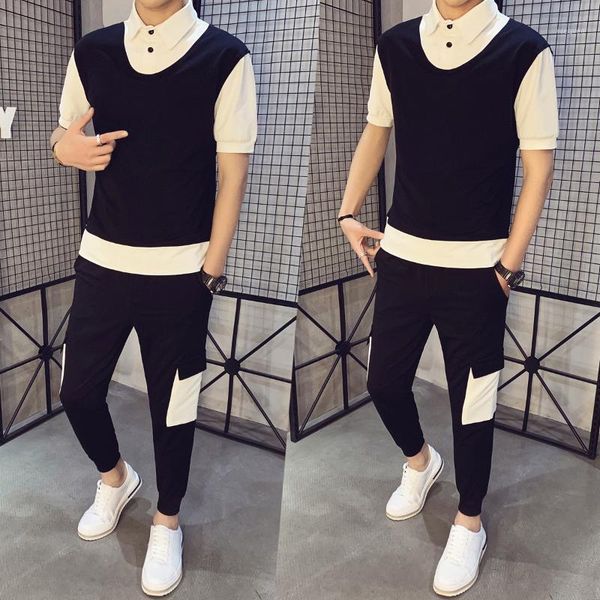 

gzdeerax sweat suit casual short sleeve summer pants trousers slim 2pcs set patchwork hip hop sweatshirt+pant male track suit1, Gray