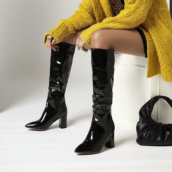 

boots 2021 women square high heels pointed toe ladies party wedding shoes winter solid color knee boots1, Black