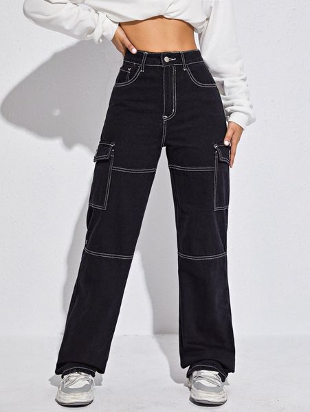 

high waist flap pocket whip stitch jeans k1ku#, Blue