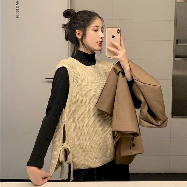 

sweater vest female college style round neck korean loose side straps student sweater vest tide fur argyle, Black;white