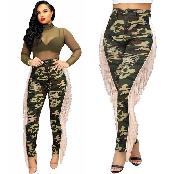 

women's pants & capris women fashion camo skinny jeans woman camouflage tassels slim plus size pencil jean female hole breathable, Black;white