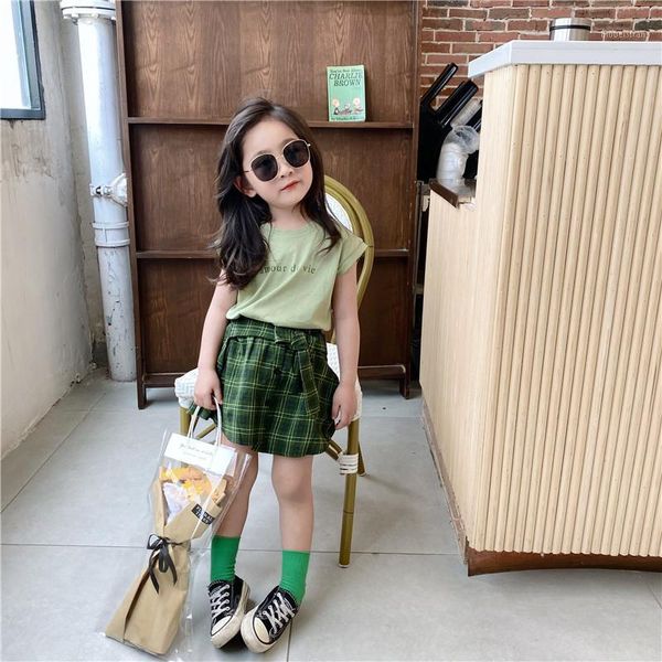 

summer new arrival korean style clothing sets short sleeve letter printed t-shirt with plaid skirt for fashion cute baby girls1, White