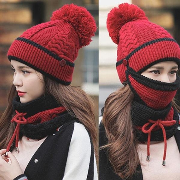 

2020 hat winter women's mask hat for girls scarf thick warm fleece inside knitted scarf set 3pcs winter riding fashion hats, Blue;gray
