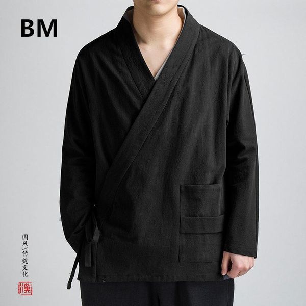 

2021 chinese style oblique entrance guard shirt spring autumn cotton linen retro hanfu coat men clothing plus size male, White;black