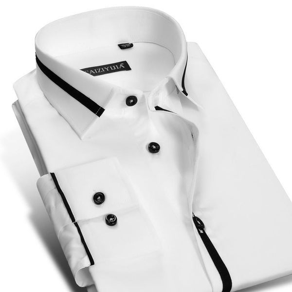 

men's long sleeve white dress shirts contrast placket with black piping easy care pure cotton standard-fit work casual shirt, White;black