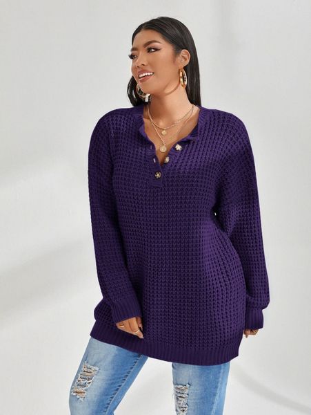 

plus waffle knit half button drop shoulder sweater h3uk#, Black