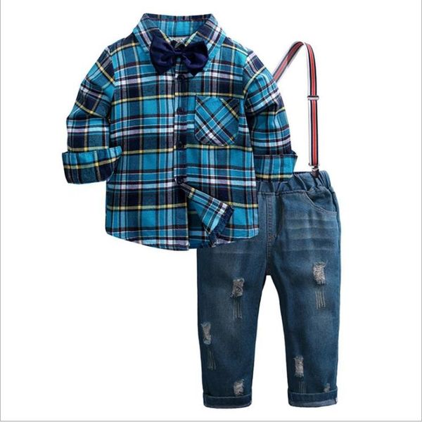 

boys autumn clothing set gentleman suit kids long sleeve bow tie plaid shirt overalls 2pcs children gentleman boy outfits set886, White