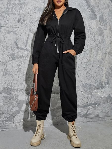 

drawstring waist zip up jumpsuit a7ln#, White