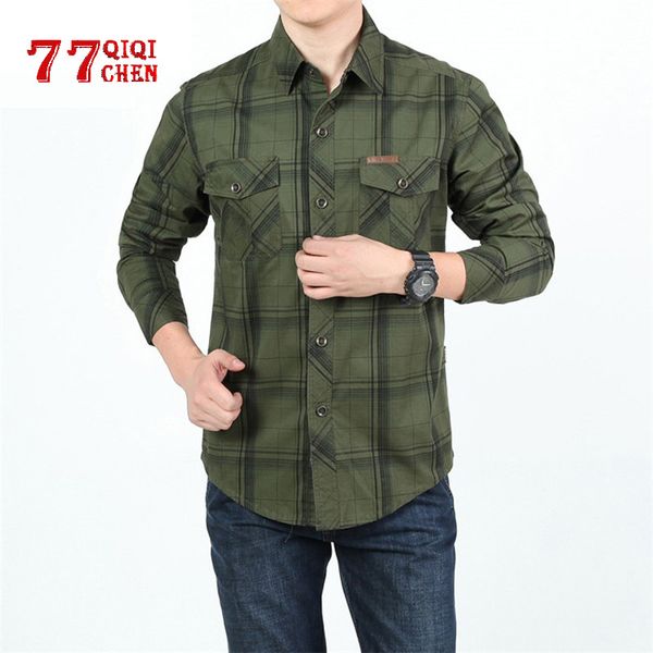 

brand casual plaid shirts mens 2020 fashion long sleeve 100% cotton camiseta masculina military shirt men plus size 5xl c1211, White;black