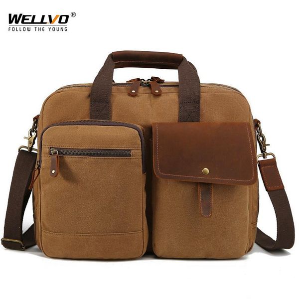 

men oil wax canvas briefcase multi-pocket retro handbag male brown gray shoulder bags business travel messenger bag 2021 xa721zc