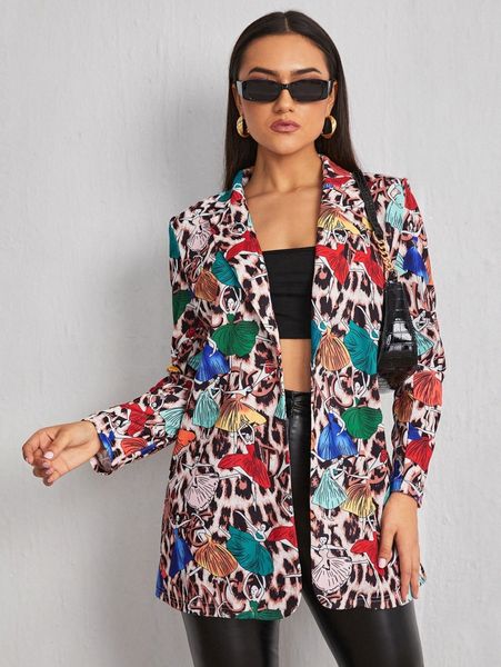 

figure and leopard print single button blazer 741v#, White;black