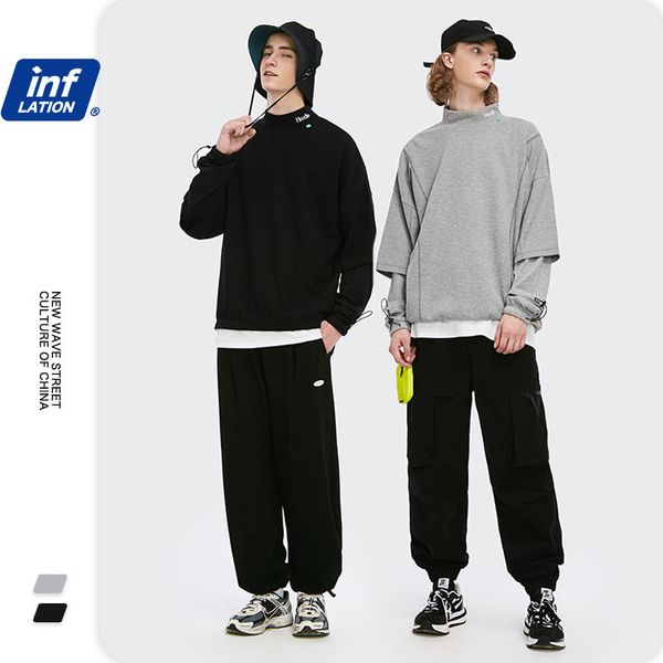 

инф мужская одежда | 2020 зима новый модный бренд персонализированные пошив поддельных футболка два свободных вафля футболка с длинным рукав, White