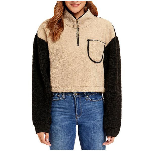 

women's fashion patchwork cashmere long sleeve short coat lapel design sweater women winter jacket #40%, Black;brown