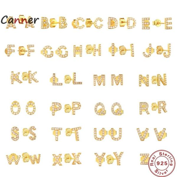 

canner cute mini s925 sterling silver geometric english letters stud earrings for women gold silver alphabet zircon fine jewelry, Golden;silver