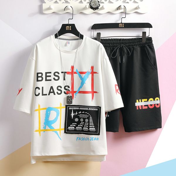 

2021 new 2 pieces t-shirts+shorts mens summer tracksuits sportswear jogger good quality men cotton hip hop loose sets 3xl zlox, Black