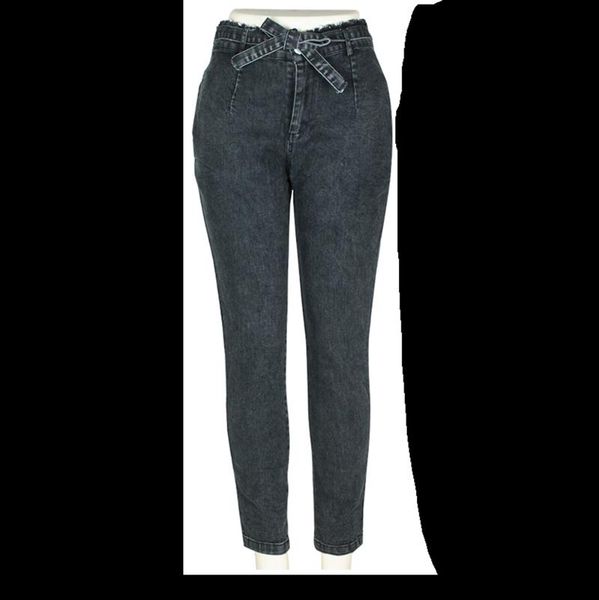 

women's jeans grey slim fit fringe belt high waist women loose and casual big pockets pencil skinny, Blue