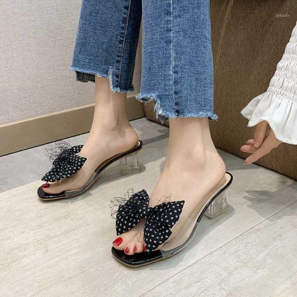 

bow clear heels slippers women thick heel sandals women pvc open toe slippers summer fashion transparent heel sandals 6 cm1, Black