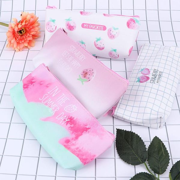 

storage bags fresh cute strawberry leather pencil multi-function bag cosmetic student woman sanitary napkin