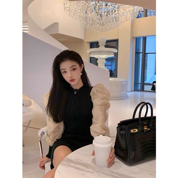 

double carnival party queen temperament with mrs money eyes absorption splicing twist lantern sleeve knit dress h1211, White;black