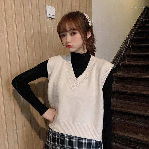 

autumn sleeveless sweater women sweet solid 6 color v neck knitted loose sleeveless slim vest jumpers pull female sweaters1, White;black