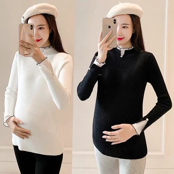 

pregnant women's sweater autumn and fashion versatile winter knitted bottoming shirt small high collar flared sleeve wear, White