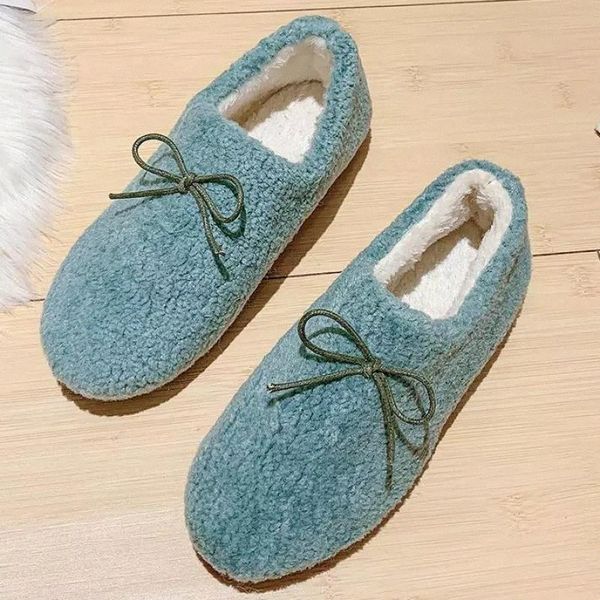 

home winter fur women ladies house indoor soft bottom solid cute mules non-slip zapatos de mujer round toe butterfly-knot #on0e