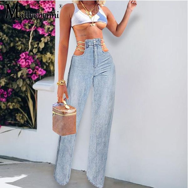 

women's jeans 2021 for women chic chain waist straight pants high street trendy party club rap jennie style denim trousers, Blue