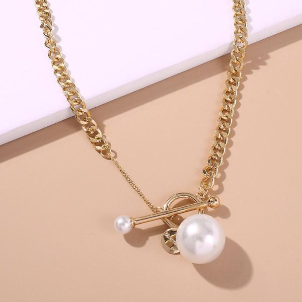 

chains 2021 metal asymmetry chain ot buckle pearl pendant trend punk hip hop sweater necklace for women jewelry gift, Silver