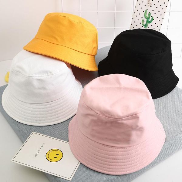 

bucket hat kids pink black white yellow cap summer bucket hats cotton children solid flat cap girls boys foldable fishing1