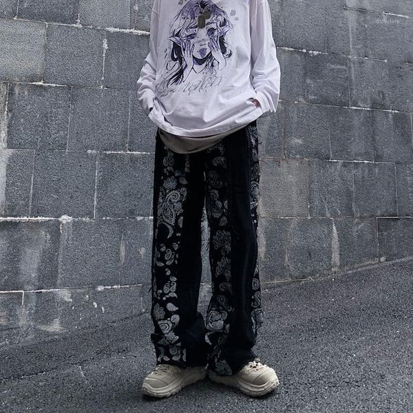 

men and women wear straight washed harajuku jeans on the street loose ripped jeans hip hop style.1, Blue