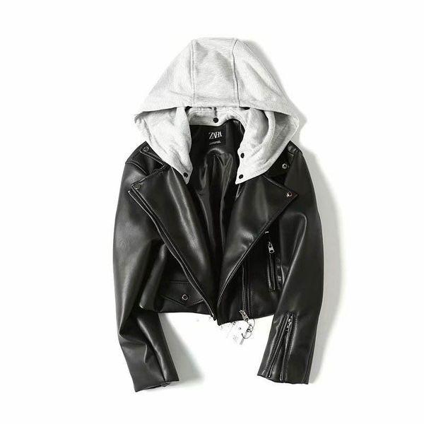 

hooded faux soft leather women short pu jacket motorcycle zipper hat detachable female coat punk black outerwear fashion jacket
