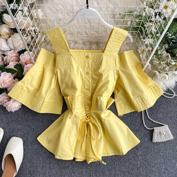 

ewq] 2020 summer new sweet hollow sling strapless flare sleeve lace fashion ladies shirt japanese style womens and blouses1, White