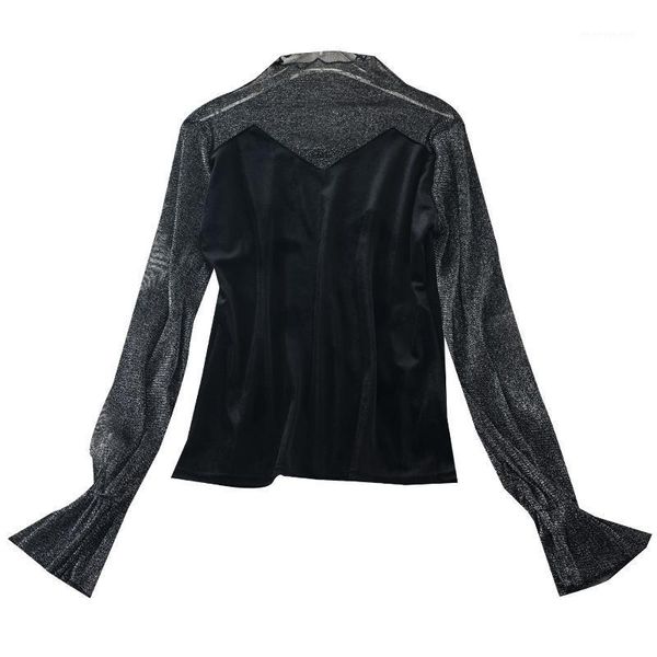 

mesh velvet patchwork women t-shirts turtleneck flare sleeved loose black tranksparent buttoming female pulls tees1, White