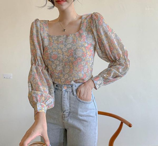 

women's blouses & shirts spot] sweet chiffon printed shirt women 2021 spring south korea east gate long sleeve pullover 9831, White