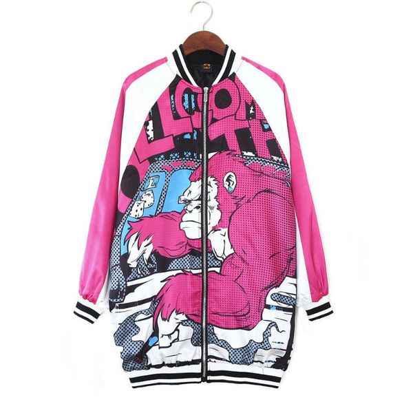 

2020 women jacket orangutan cartoon printed hip hop batwing sleeve plus size loose girl dance coat rock streetwear outwear japan, Black;brown