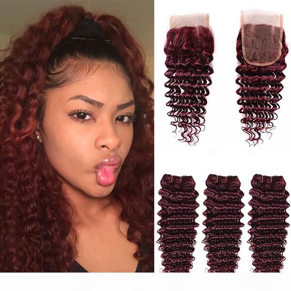 

burgundy deep wave brazilian virgin hair red raw deep curly wave 99j human hair weave wet and wavy 3 bundles with lace closure, Black;brown