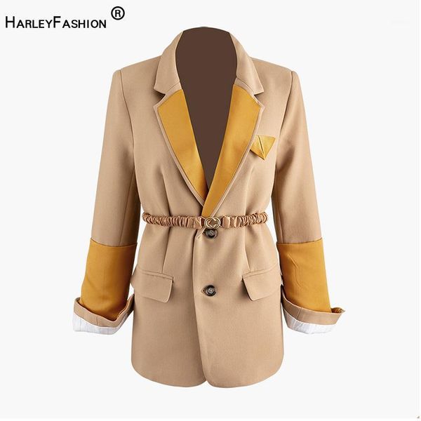 

harleyfashion european high street stylish patchwork collar solid khaki designing blazer with belt1, White;black